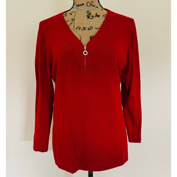 Cable & Gauge Women Red Rhinestone Quarter Zip V Neck Long Sleeve Sweater Large - Picture 1 of 10